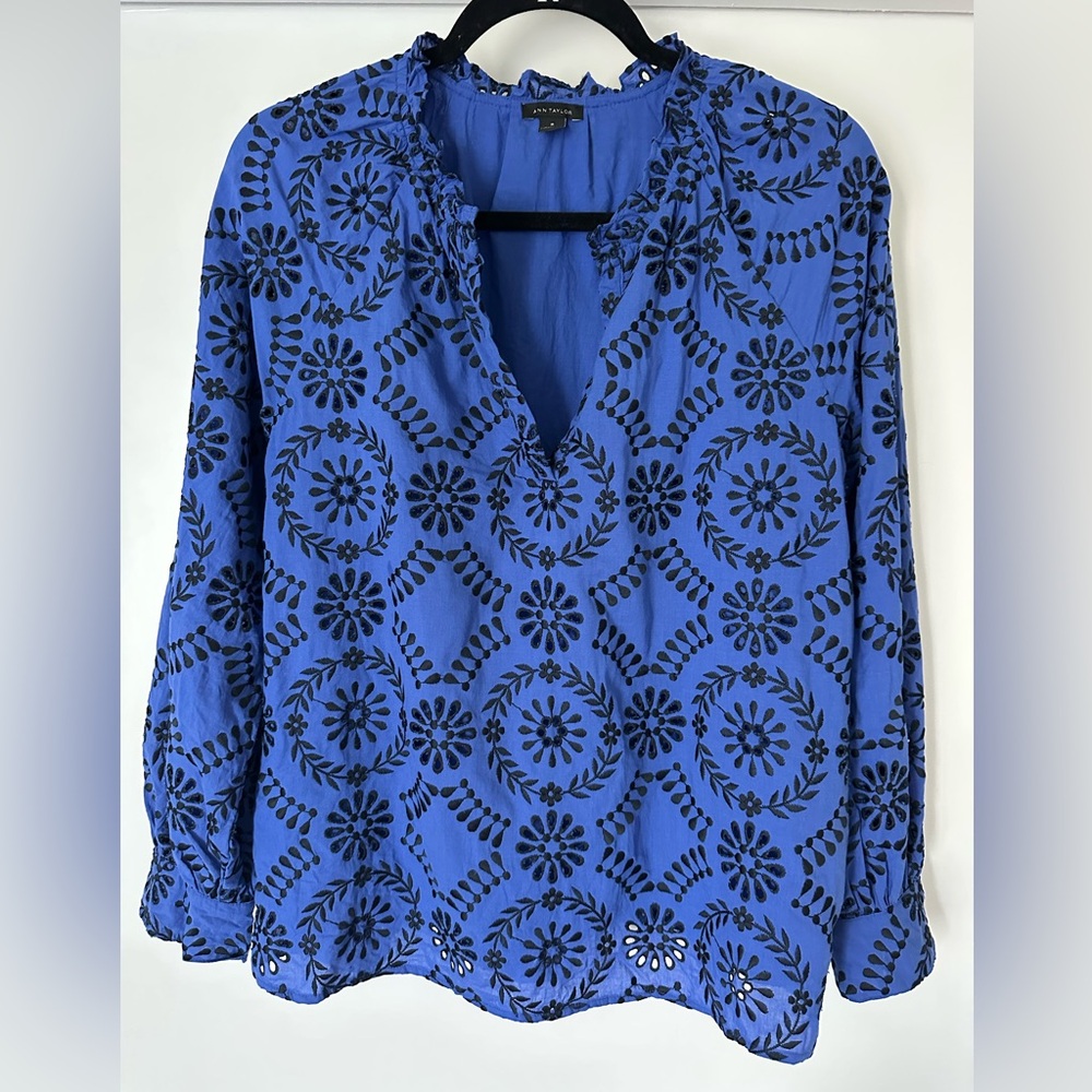 Ann Taylor Blue Eyelet Women's Top with Black Embroidery